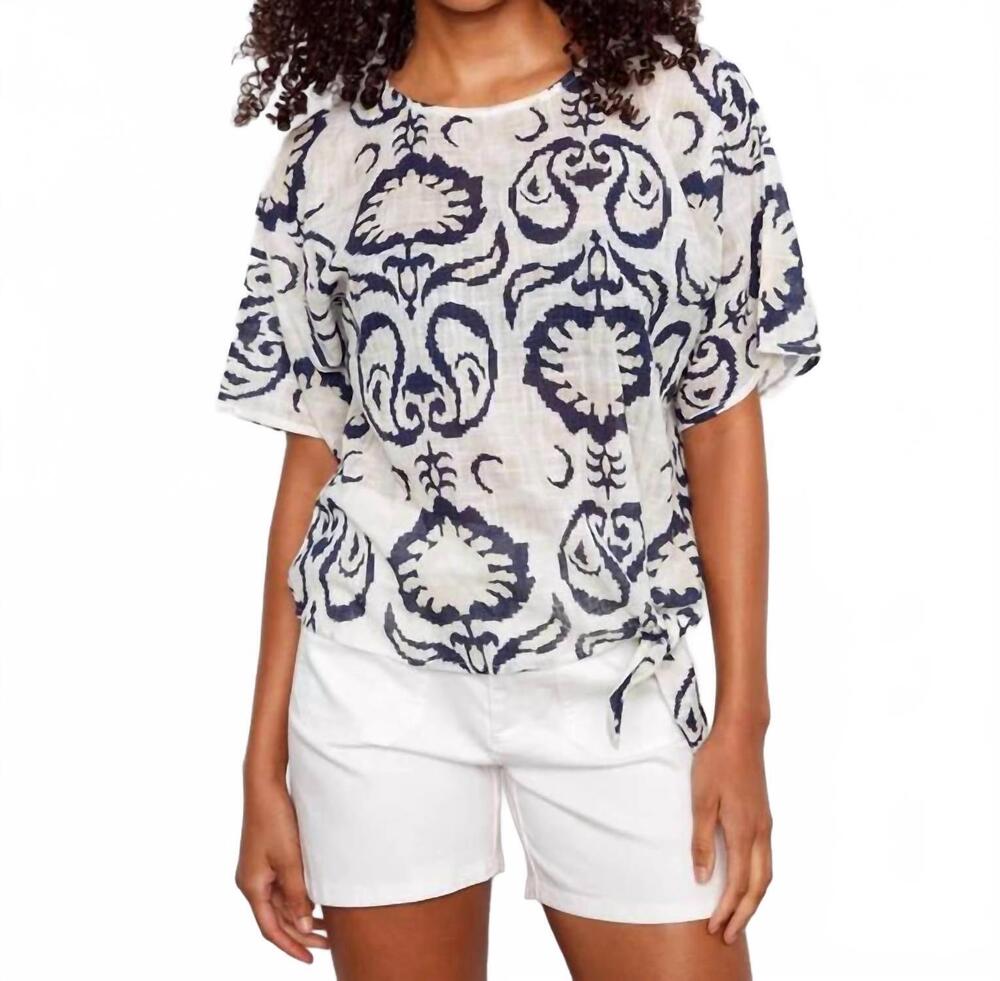 NEW CHARLIE B side tie ornament printed cotton gauze blouse in indigo